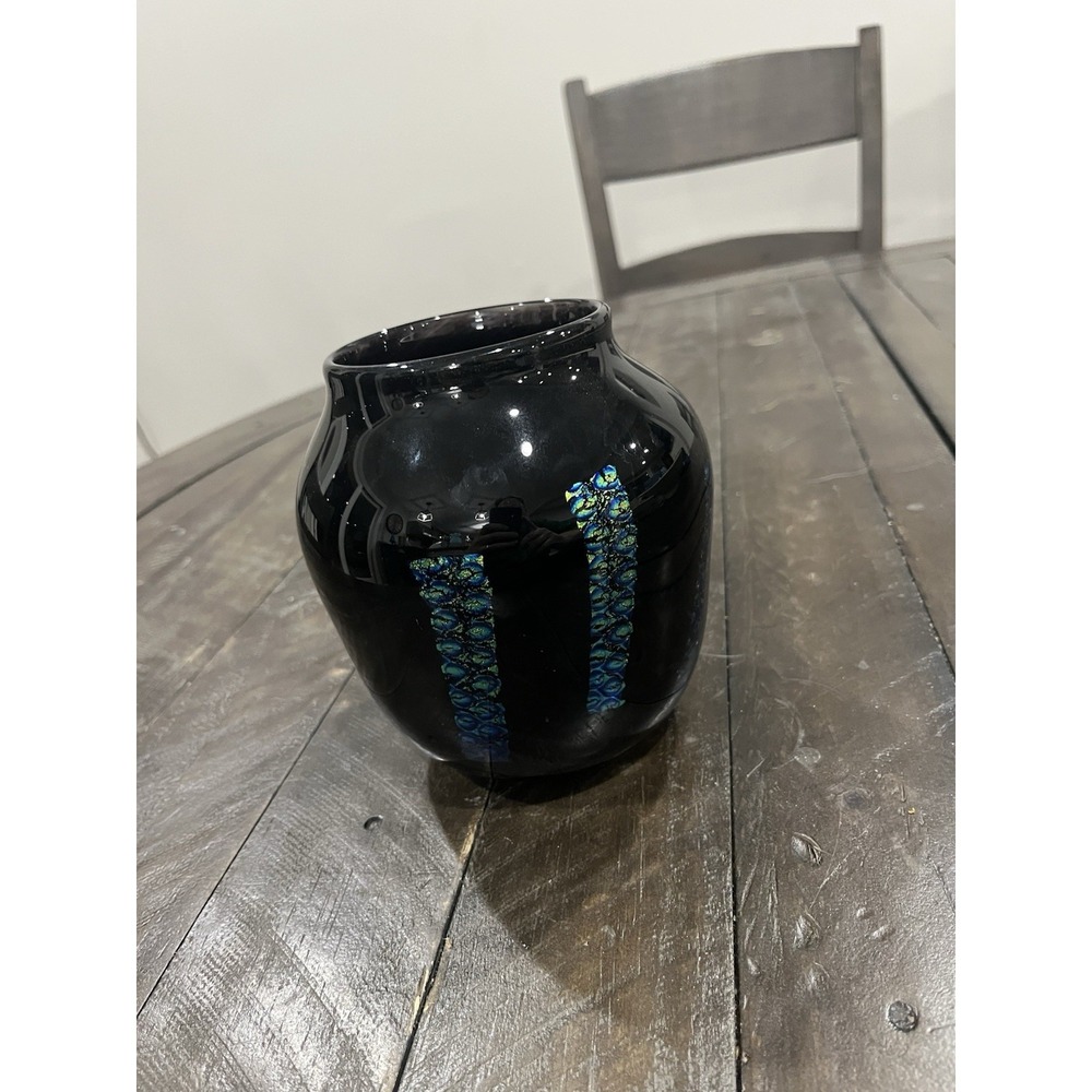 Vtg Handblown Black Dicro Striped Art Glass Vase Unmarked‎ 6"
